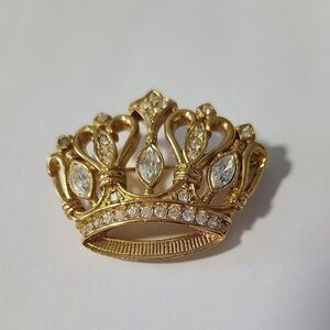 Kenneth Jay Lane KJL for Avon Crown Brooch Pin Clear Rhinestones Gold Tone 1980s